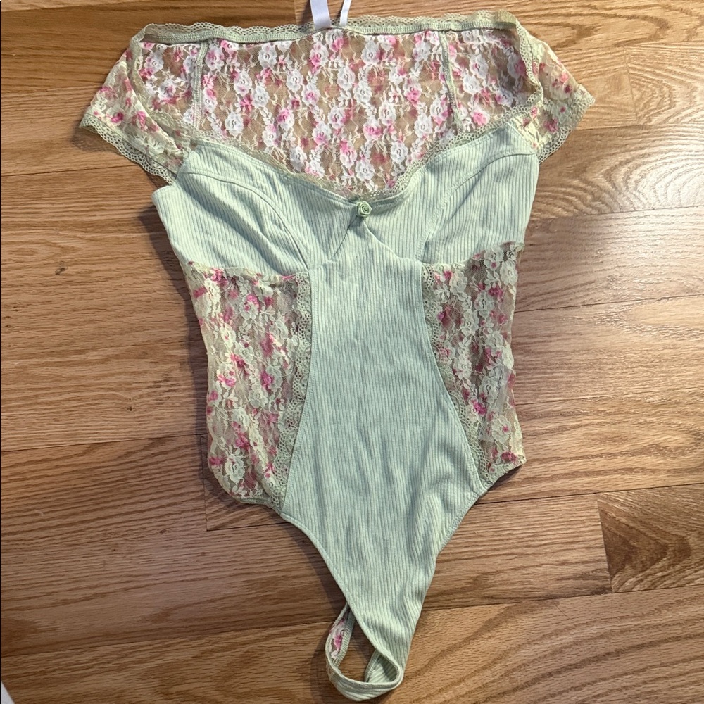 Urban Outfitters Mint Ribbed Lace Floral Bodysuit